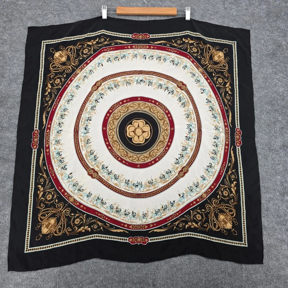 Vintage Equestrian Polo Square Scarf Black Cream Burgundy Baroque Oversized Wrap